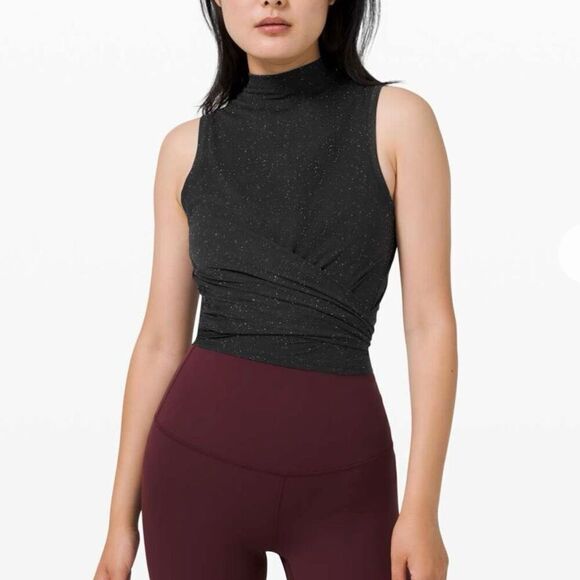 Lululemon Time To Restore Mock Neck Tank Top Women 2 Black White Wicking Yoga - Picture 4 of 5